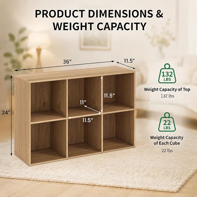 POWERSTONE 6 Cube Storage Organizer, Open Cube Bookshelf with Back Panels, Modern Display Cubby Bookcase for Bedroom Living Room Home Office, Natural