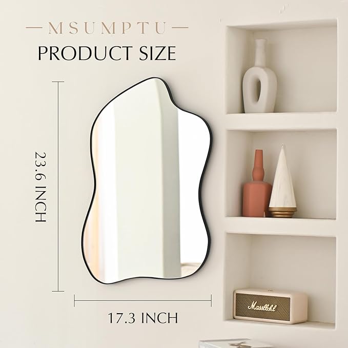 Irregular Wall Mirror Black Wave Shaped Metal Framed Wall Mirror for Bathroom Bedroom Entryway Living Room Wall Decor 24" L x 18" W 2305B
