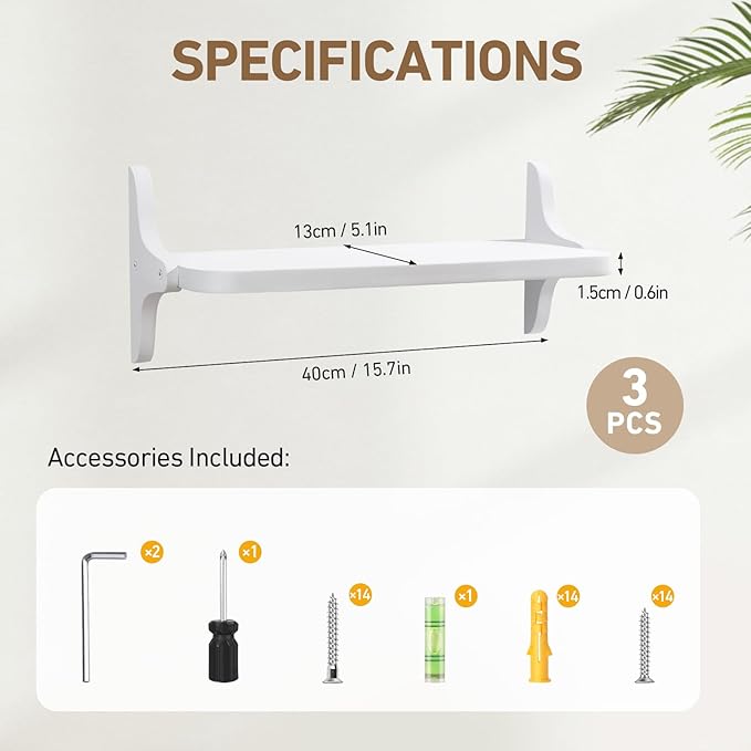 Wooden Floating Shelves for Wall, 15.7" W x 5" D x 0.6" H Large Wall Shelves, Hanging Storage Shelf with Sturdy Brackets for Living Room, Kitchen, Bathroom, Bedroom Decor, White, 3 Packs