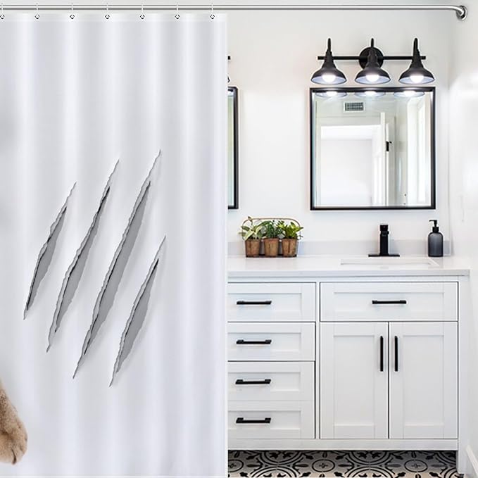 Cat Shower Curtain Funny Cat Hole Claw Scratches Playful Pet Pattern Duty Fabric Shower Curtains Set Bathroom Polyester Waterproof with 12 Hooks, 66x72Inch（168x183cm）
