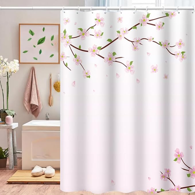 Cherry Blossom Shower Curtain Japan Pink Floral Landscape Shower Curtains for Girly Woman Bathroom Decor Accessories Waterproof Polyester Fabric with Hooks, 69 x 70 Inch