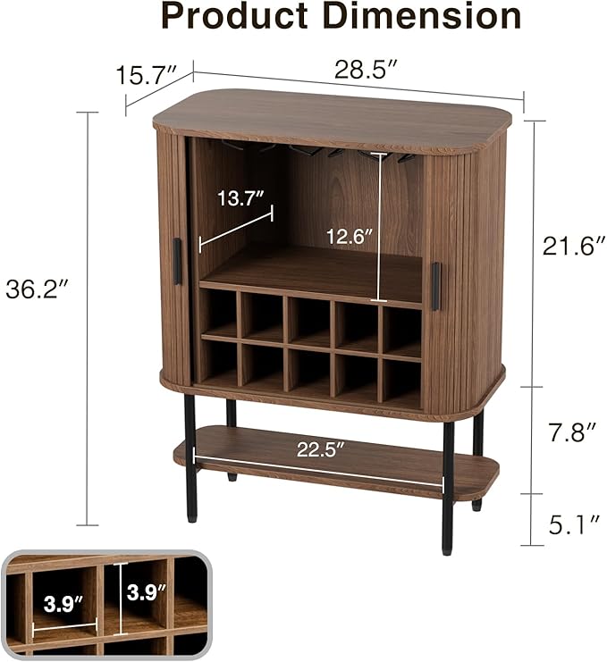 FiveWillowise Coffee Bar Cabinet with Storage, Fluted Wine Cabinet with Sliding Doors, Glass Holder and Wine Rack, Buffet Sideboard Liquor Cabinet for Kitchen, Dining Room, Living Room, Walnut