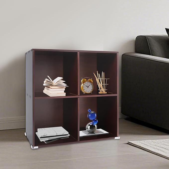 4-Cube Pine Wood Storage Organizer, Solid Wooden Bookshelf with Back Panel, 11in Shelf Opening Bookcase, Freestanding for Living Room, Bedroom, Office - Dark Brown (23.6 x 11.8 x 23.6in)