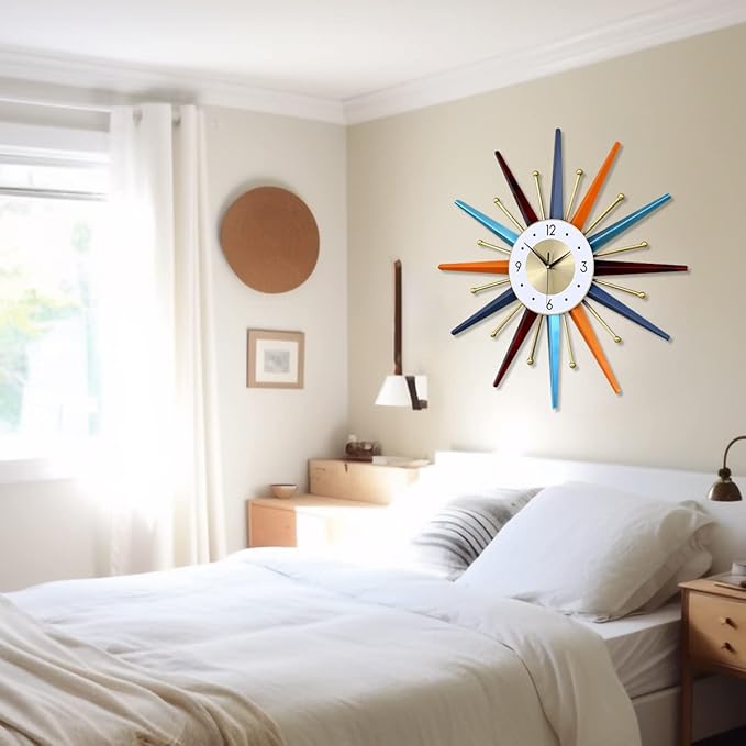 Large Wall Clock 31 Inch Modern Wall Clock Starburst Mid-Century Modern Decor Non-Ticking Battery Operated Colorful Clock Home Decorations for Living Room Bedroom Kitchen Office