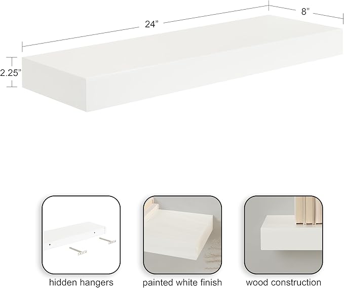 Kate and Laurel Havlock Modern Natural Floating Shelves, Set of 2, 24 x 8, White, Functional Bathroom and Kitchen Shelves for Storage and Display