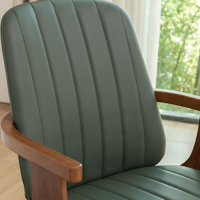 MCM Dining Chairs, Set of 2 Mid Century Modern Chairs with Walnut Craftsmanship, Upholstered Faux Leather, Wooden Arms and Legs, Faux Leather Dining Chairs for Kitchen/Living Room - Green