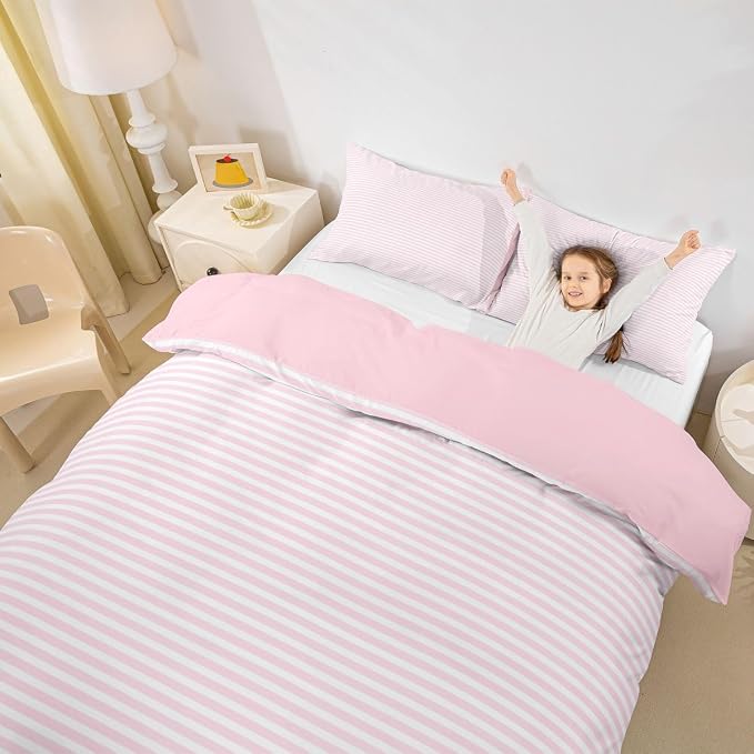 Erosebridal Pink White Stripe Duvet Cover King Geometric Ticking Stripes Bedding Set for Kids Teens Farmhouse Vertical Stripes Comforter Cover Modern Abstract Bed Set, 2 Pillowcases