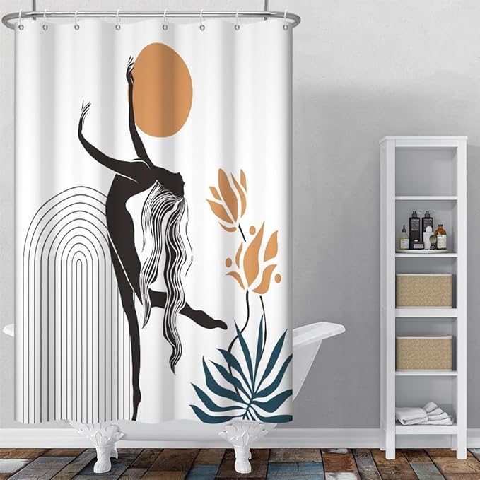 Boho Shower Curtain for Bathroom Female Dancer Holds The Sun Leaf Abstract Floral Shower Curtains Modern Minimalist Bathroom Decor Machine Washable Waterproof Polyester Fabric with Hooks 36x72 Inch