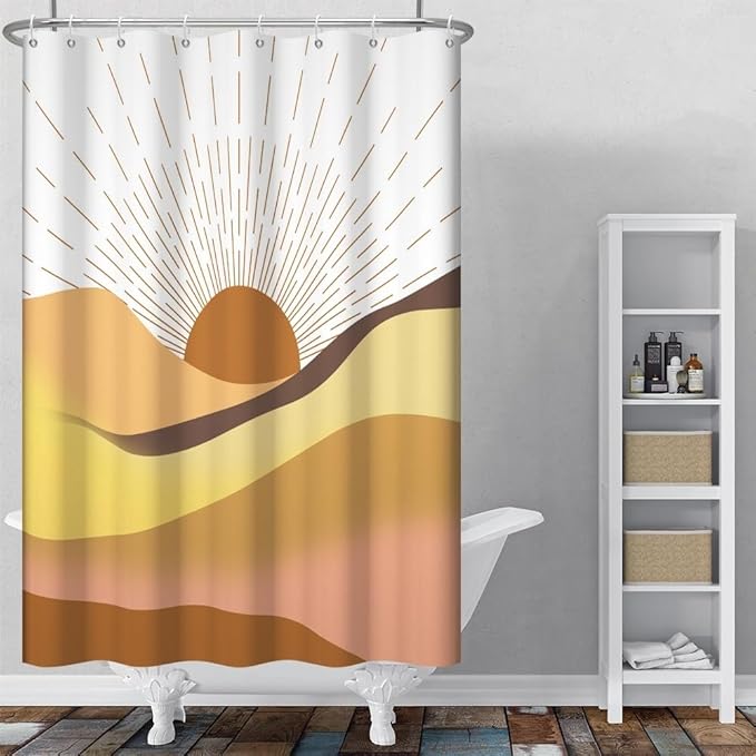 Mid Century Boho Shower Curtain Set Abstract Orange Sunrise Mountain Bathtub Curtains Brown Retro Minimalist Aesthetic Bathroom Decor Machine Washable Waterproof Polyester Fabric with Hooks 48x72 Inch