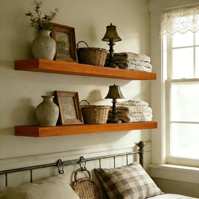 IEO Long Wooden Floating Shelves for Room Wall, Natural Wood Floating Shelves Wall Mounted Kitchen Shelf for Living Room, Bedroom, Kitchen,Bathroom, Storage (Honey Oak, 48in 2tier)