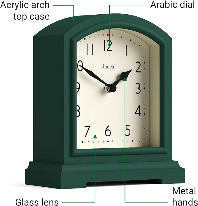 JONES CLOCKS® Tavern Mantel Clock | Modern Arch top Design | Dark Green | Contemporary Classic Style for Desk, Table, Shelf or Bedside