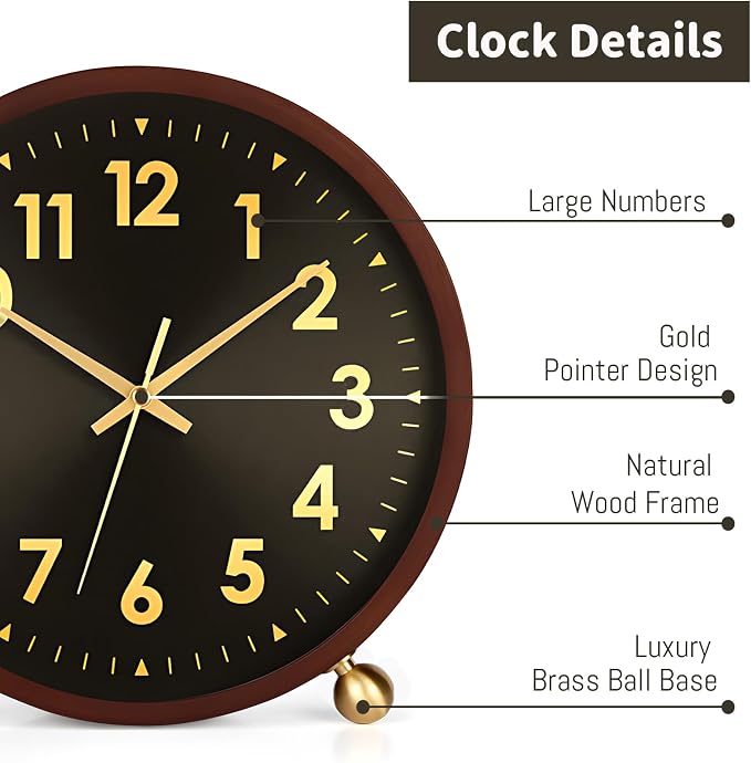 Maxspace Wooden Table Clock,8in Silent Non-Ticking Desk Clockwith Gold Ball Base, Battery Operated Desktop Analog Clock for Living Room Office Bedroom Decor (Black Gold - Walnut, Copper Ball Base)