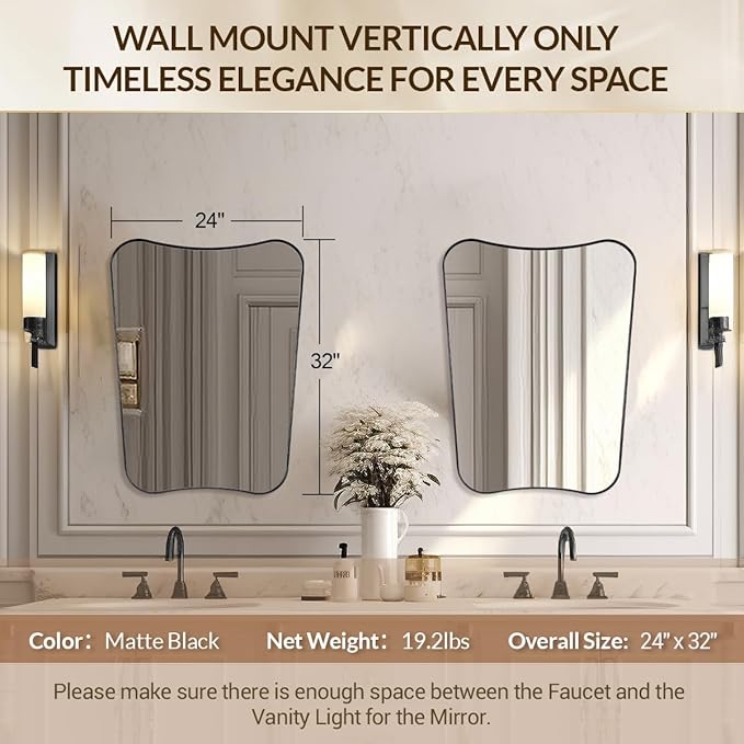 MIRRORTART Contemporary Black Bathroom Mirrors for Wall, 24x32'' Asymmetrical Scalloped Butterfly Rectangle Mirror in 1'' Stainless Steel Metal Frame for Home Decor Wall Mounted Vertical Only