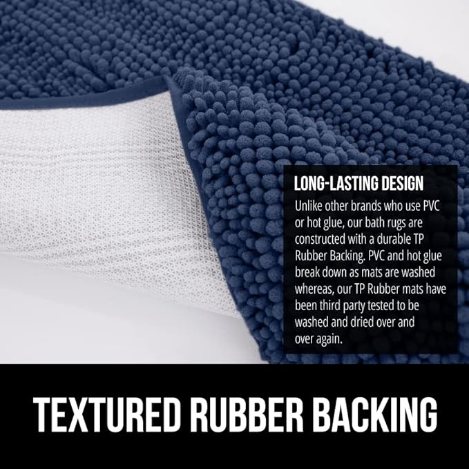 GORILLA GRIP Bath Rug Mat, Thick Soft Absorbent Chenille, Quick Dry Microfiber Mats, Rubber Backing Washable Shower Floor Rugs, US Designed Bathroom Bathmat Home Decor Accessories, 24x17, Navy