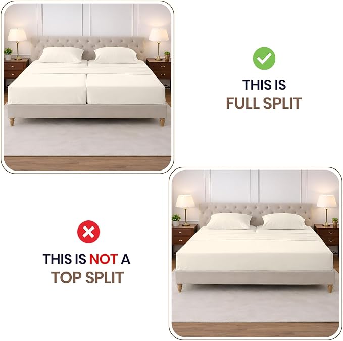 SGI Split King Sheet Set for Adjustable Bed Egyptian Premium Cotton 600 Thread Count Sheets for Sleep Number Bed 15" Deep Pocket 5 Pc Set with 2 Twin XL Fitted Sheets Soft Breathable -Ivory