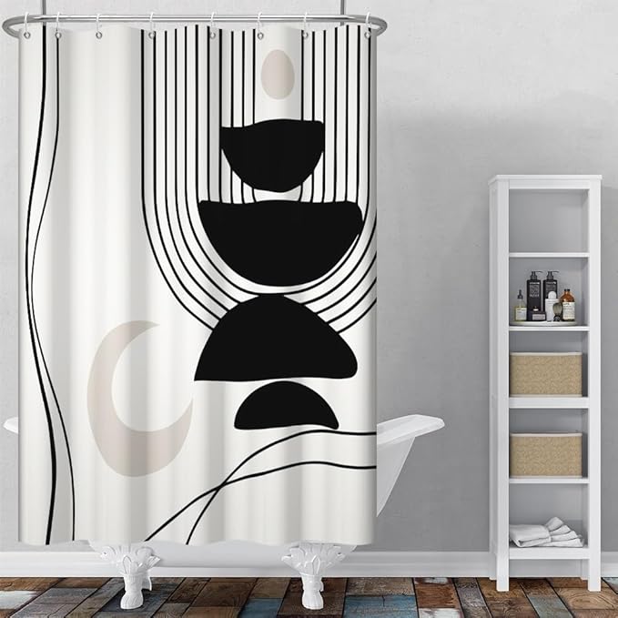 Black White Boho Shower Curtain for Bathroom Modern Abstract Minimalist Neutral Bathroom Decor Mid Century Arch Moon Geometric Bath Curtain Washable Waterproof Polyester Fabric with Hooks 36x72 Inch