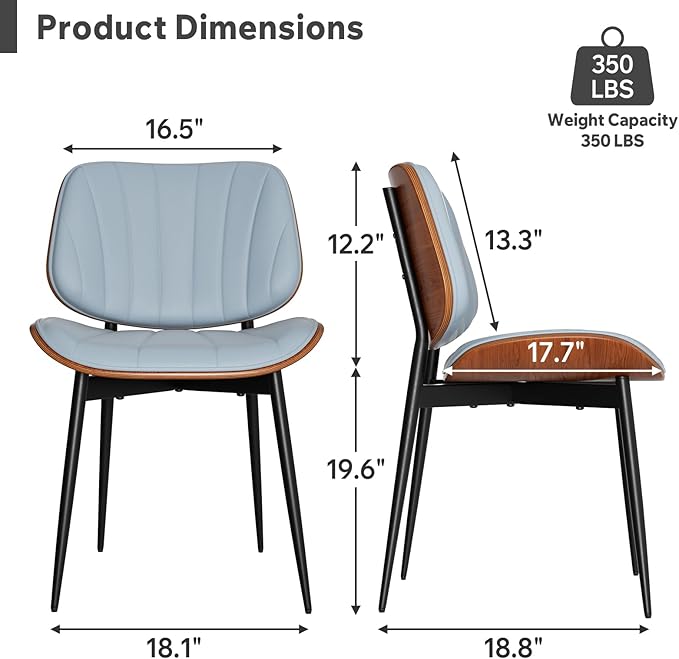 Dining Chairs Set of 8, Mid Century Modern Dining Room Chair, Upholstered Faux Leather Kitchen Chairs with Walnut Bentwood Back and Metal Legs for Kitchen Dining Room Living Room, Blue