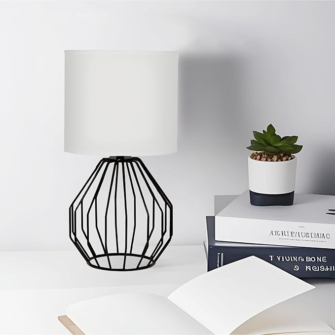 Small Table Lamp Black, Modern Minimalist Desk Lamp with Metal Base White Fabric Shade, Bedside Nightsand Table Lamp for Bedroom, Living Room, Kis Room