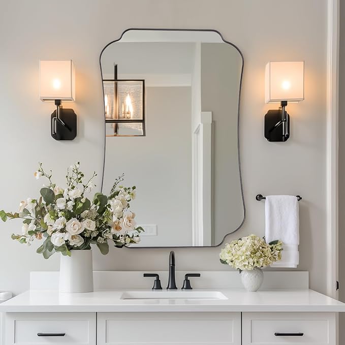 ANDY STAR Matte Black Mirror 26x38 Inch, Scalloped Wall Mirror, Unique Rectangular Bathroom Mirror in Premium Stainless Steel Metal Frame 1’’ Deep, Hangs Vertically/Horizontally