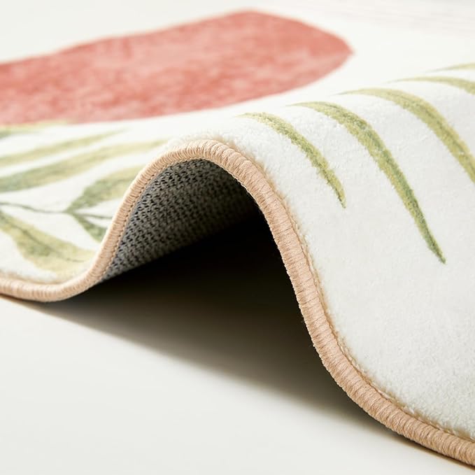 RoomTalks Mid Century Modern Washable Rug, Boho Cute Aesthetic 5x7 Area Rugs for Bedroom Dining Living Room Kitchen, Abstract Tropical Leaves Non Slip Thin Indoor Entryway Rug Accent Floor Carpet