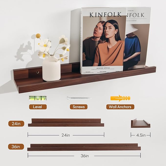 NEXHOME PRO Floating Shelves for Wall Set of 2,24 Inches Picture Ledge Shelf, Kids Bookshelf Wall Mounted for Living Room Bedroom Bathroom Kitchen, Easy Install,Walnut