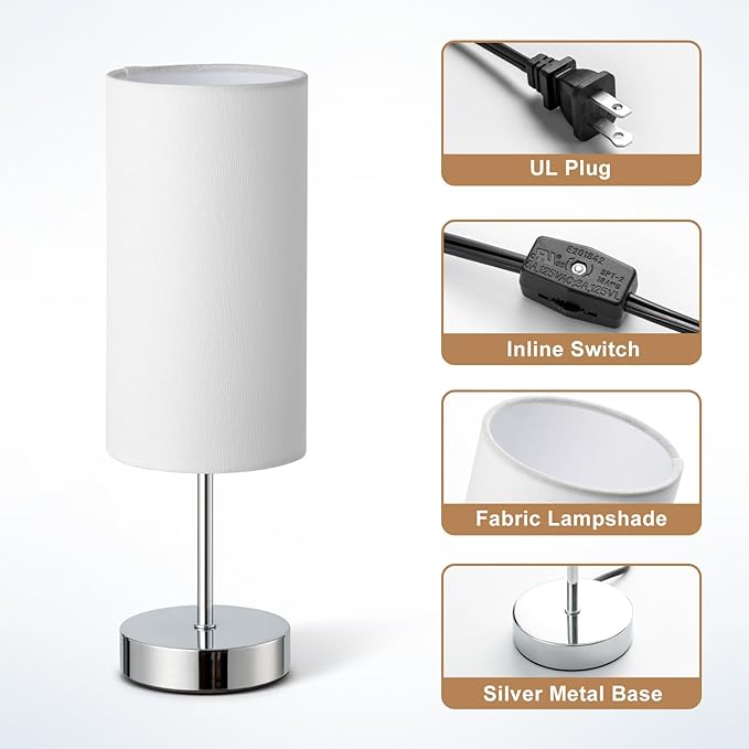 Small Table Lamp for Bedroom Nightstand, Round White Fabric Shade and Silver Metal Base, Modern Minimalist Bedside Lamps for Dresser, End Table, Office, College Dorm, Warm Light, 5W LED Bulb Included
