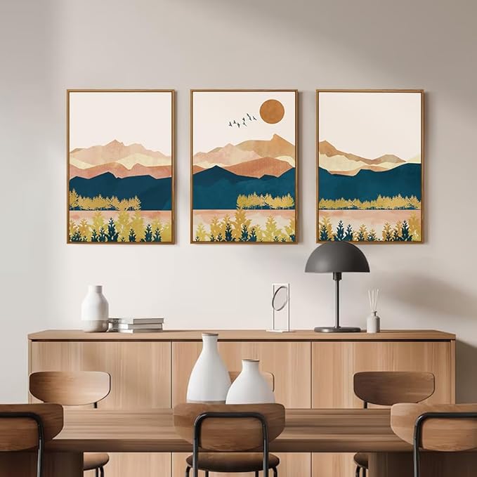 HPINUB Mountain Framed Canvas Wall Art Set, Mid Century Modern Wall Decor, Set of 3 Boho Artwork Nature Art Paintings, Bohemian Art Prints for Living Room, Bedroom, Dining Room, Office - 16"x24"x3