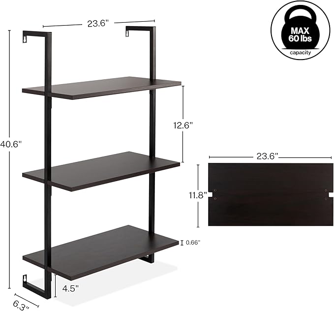 happimess MSH1000A Madera 40.55" Classic Industrial 3-Shelf Wood Wall-Mounted Open Ladder Bookcase with Metal Frame, Black