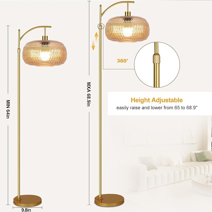 QIYIZM Glass Floor Lamp for Living Room,Bedroom,Gold Dimmable Standing Lamp with Remote,Mid Century Modern Brass Tall Lamp Retro Vintage Lamp Floor Light Boho Bohemian