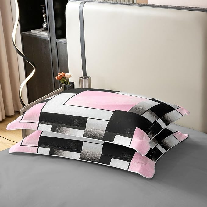 Erosebridal Pink and Black Bedding Set Queen Modern Square Geometric 100% Cotton Duvet Cover Mid Century Minimalist Abstract Comforter Cover for Kids Teens Adults Contemporary Stripes Bed Set 3 Pcs