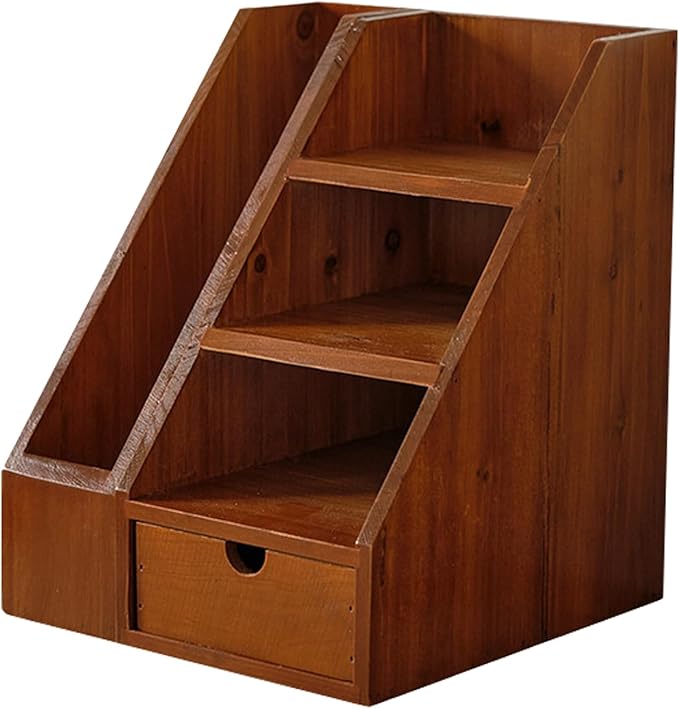 Vintage Wooden Desk Organizer Set of 2 - Wood Desktop File Holder & Shelf with Drawer - Rustic Office Storage for Books, Folders, Mail & Supplies - Matching Organizer for Home Office Desk