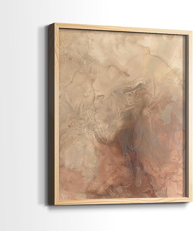 Renditions Gallery Set of 2 Peel & Stick Framed Prints, Abstract Wall Art, Brown Textured Marble Design Re-Stickable - Ready to Hang - 11"x14" - NATURAL WOOD Frame LT588