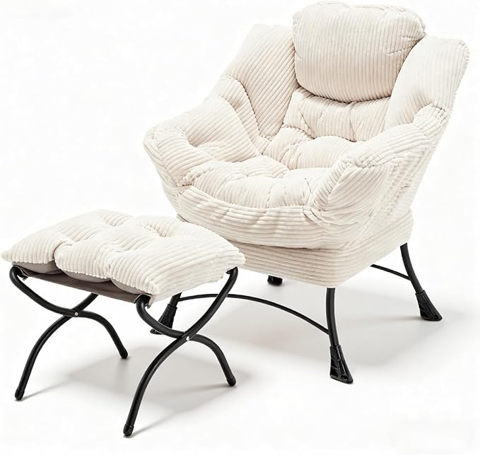Oversized Lazy Chair with Ottoman for Adults, Chair and Ottoman Set Modern Skinny Lounge Chair with Footrest, Wide Reading Chair for Living Room, Comfy Accent Armchair for Small Spaces, White