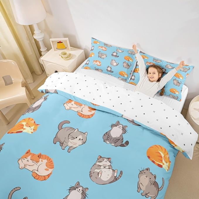 Erosebridal Cats Bedding Set King Cute Kitten Duvet Cover Cartoon Pets Animals Comforter Cover for Kids Girls Boys Adults Funny Cat Bed Set Blue