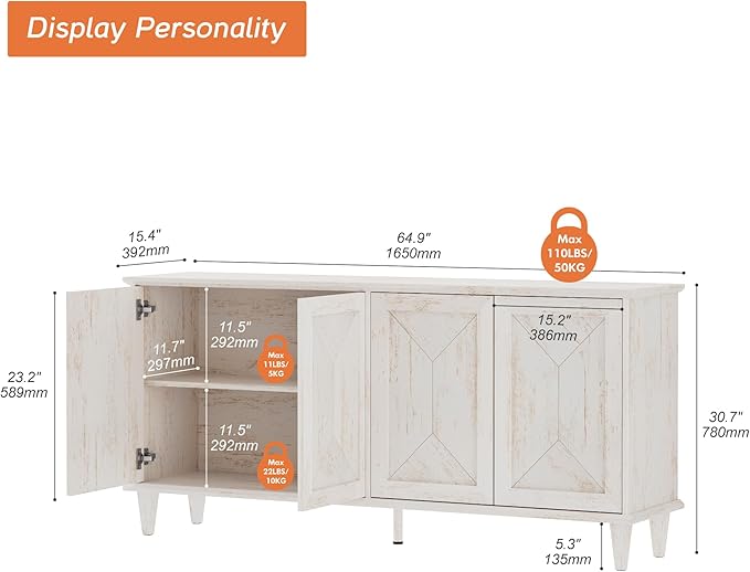 WAMPAT 65-inch Handcrafted Patchwork Decorative Buffet Cabinet with Pop-Up Design Doors,Full Unit Modern Farmhouse Accent Credenza for Coffee Bar, Kitchen, and Living Room, Pale Oak