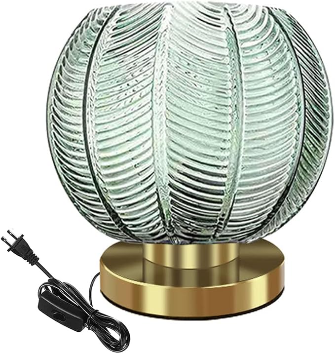 mid Century Modern Table lamp Gold Desk lamp with Green Ribbed Glass Shade Bedside Table lamp Art Deco lamp Small Table lamp for Bedroom Living Room Office