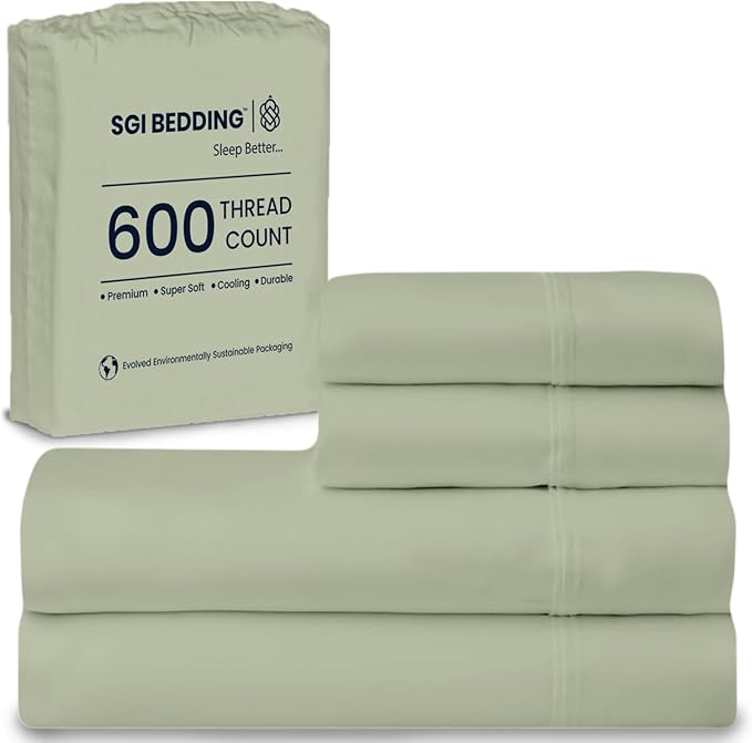 SGI bedding 100% Egyptian Cotton Sheets RV King Size – 600 Thread Count Sheets Set, Soft, Cooling, 15" Deep Pocket, Luxury Hotel Bedding, Breathable, Durable - Moss