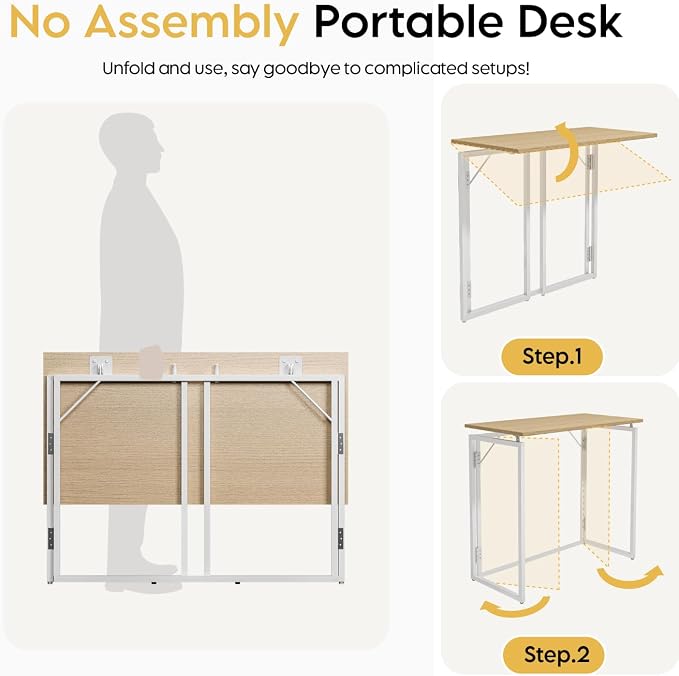 alawooder Folding Desk - 31.5" Wood Top Foldable Desk for Small Spaces | No Assembly Required Compact Desk for Home Office, Writing, and Study