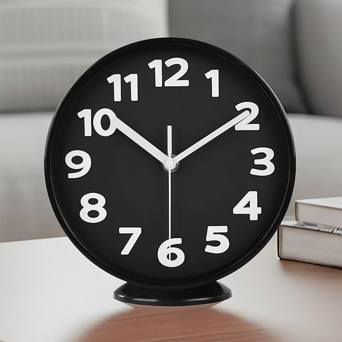JENLYSTIME 8 Inch Black Modern Wall Clock – Silent Non-Ticking, Bold 3D Numbers, Precise Quartz Movement | Decorative Desk & Wall Clock with Stand for Home, Kitchen, Bedroom, or Office