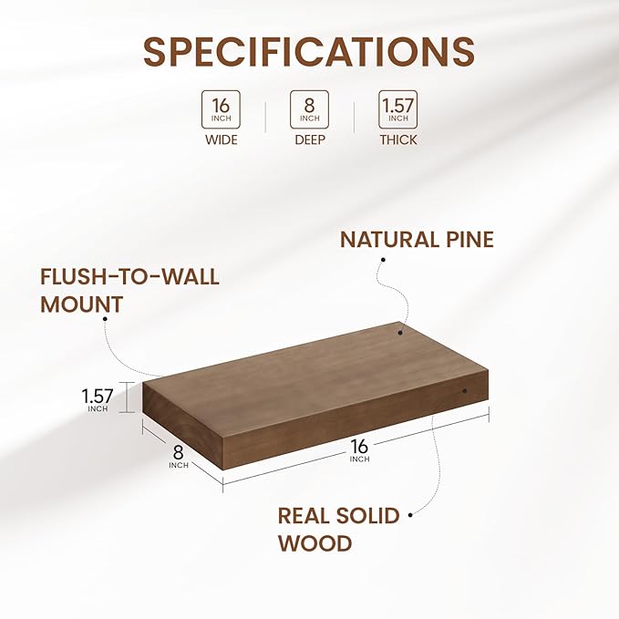 Heimlove 16 Inch Floating Shelves for Wall Walnut Shelves Set of 2,Wall Mounted Rustic Wood 8 Inch Deep Floating Shelf with Invisible Brackets for Bedroom Kitchen Living Room