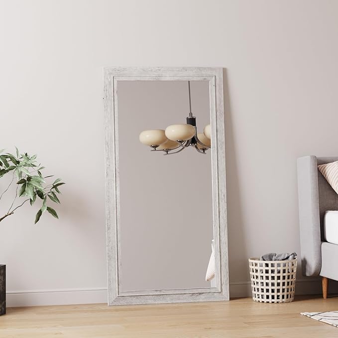 Rustic Wall-Mounted Vanity Mirror, Solid Wood Frame Bathroom Mirror, Farmhouse Style for Living Room, Bedroom, Entryway, Horizontal/Vertical Hanging
