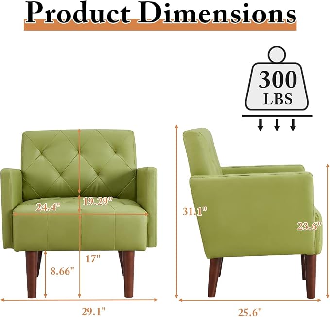 Faux Leather Accent Chair, Modern Retro Arm Chair for Living Room and Bedroom Tufted Upholstered Sofa Club Chair Comfy Armchair for Small Spaces Bedroom Office (Olive)