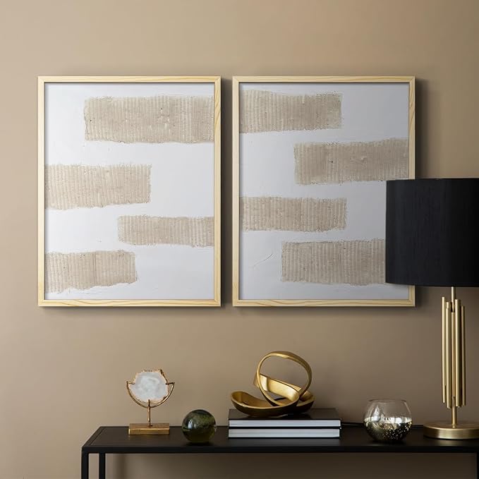 Renditions Gallery Set of 2 Peel & Stick Framed Prints, Modern Abstract Wall Art, Textured Brush Strokes Wall Decor, Re-Stickable - Ready to Hang - 22"x28" - NATURAL WOOD Frame LT588