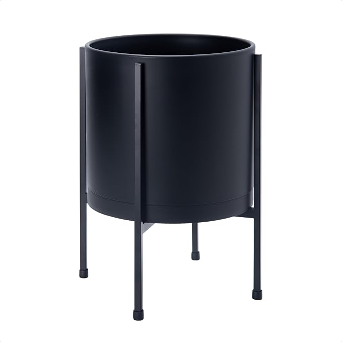 D'vine Dev 10 Inch Black Planter Pot with Stand – Modern Plastic Cylinder Flower Pot with Heavy-Duty Metal Stand for Indoor Plants, 55-D-B-2