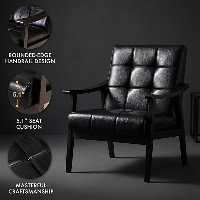 Mid-Century Modern Accent Chair, Upholstered Arm Chair Solid Wood Frame for Lounge, Living Room, Reading Room, Bedroom (Antique Black + PU Leather)