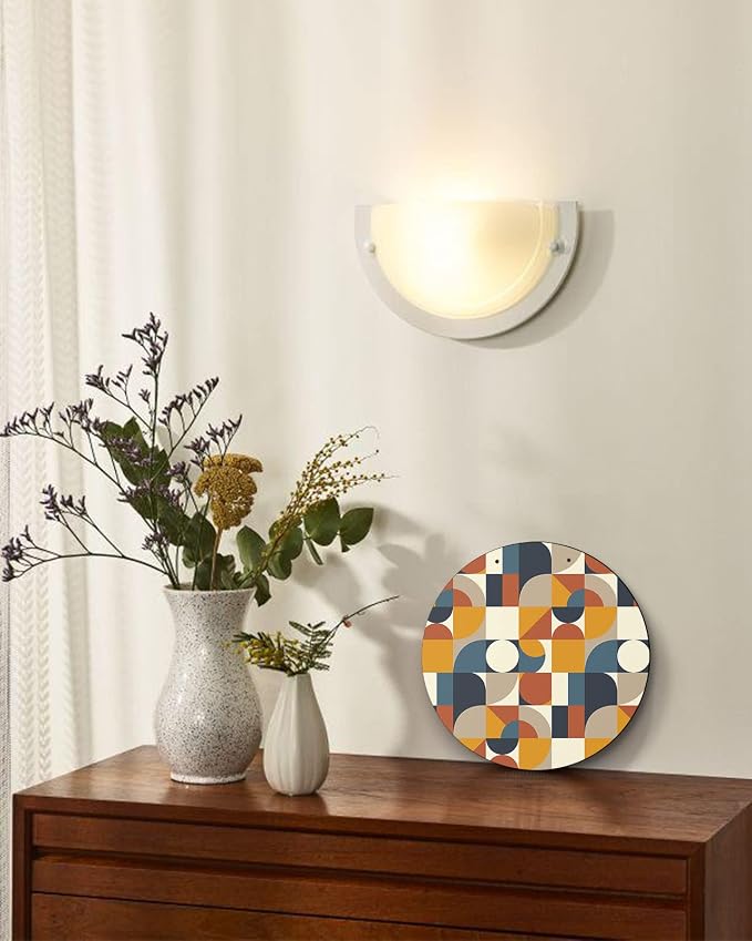Welcome Sign for Front Door Decor,Modern Vintage Geometric Europen Mid Century Wood Door Hanger for Outdoor Outside Porch,12 Inch Round Wooden Wreath Indoor Wall Hanging Decoration