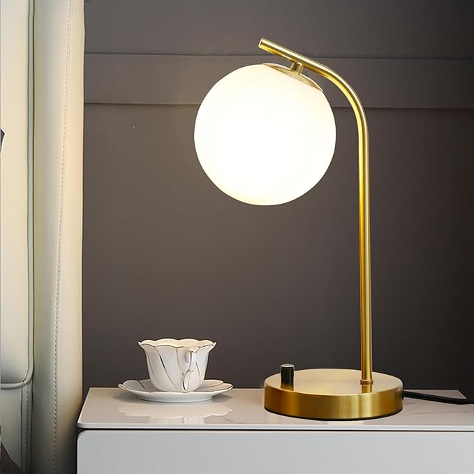 Gold Globe Dimmable Table Lamp Minimalist Nightstand Lamps Mid Century Modern Desk Lamp with Milk White Glass Shade Metal Base for Dorm, Living Room Bedroom, Office,Kids Room (Tall)