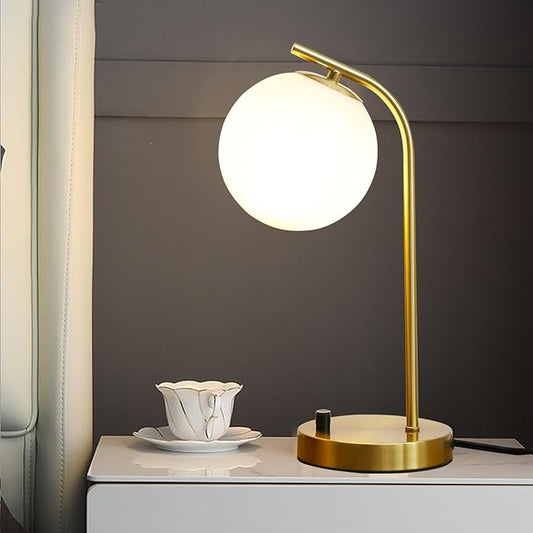 Gold Globe Dimmable Table Lamp Minimalist Nightstand Lamps Mid Century Modern Desk Lamp with Milk White Glass Shade Metal Base for Dorm, Living Room Bedroom, Office,Kids Room (Tall)