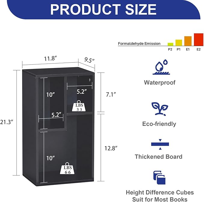 VECELO 3 Cube Small Bookcase, Fits Tallest Hardcovers, Horizontal Available, 2-Tier Modern Bookshelf, Storage Organizer for Small Spaces, Kids Room, Bedroom Living Room, Vintage Black
