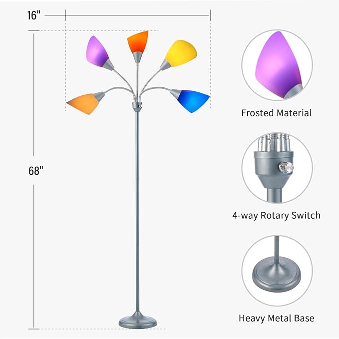 Medusa Floor Lamp, Multi Head 5 Light Floor Lamps for Living Room with 10 Lampshade, Adjustable Neck Reading Standing Lamp for Bedroom,Office,Kids,Classroom (Sliver)